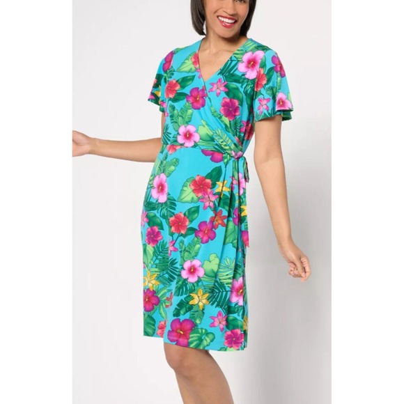 Susan Graver Liquid Knit Midi Dress Tropical Print Faux Wrap Floral Plus Size 2X - Picture 1 of 15